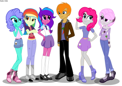 Size: 2708x1921 | Tagged: safe, artist:asika-aida, oc, oc only, oc:beryl (discoshy), oc:chaos control, oc:melody aurora, oc:pepper flake, oc:platinum royale, oc:sunlight dancer, hybrid, equestria girls, boots, chaody, clothes, cute, equestria girls-ified, female, group, high heel boots, high heels, interspecies offspring, male, mary janes, offspring, pants, parent:cheese sandwich, parent:discord, parent:flash sentry, parent:fluttershy, parent:pinkie pie, parent:rainbow dash, parent:rarity, parent:soarin', parent:twilight sparkle, parents:canon x oc, parents:cheesepie, parents:discoshy, parents:flashlight, parents:soarindash, pleated skirt, shoes, shorts, skirt, smiling, socks, twins