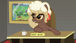 Size: 10000x5625 | Tagged: safe, artist:besttubahorse, oc, oc only, oc:sweet mocha, pegasus, pony, absurd resolution, chair, coffee mug, desk, freckles, lidded eyes, map of equestria, solo, vector