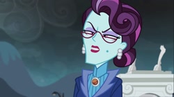 Size: 1100x618 | Tagged: safe, screencap, principal abacus cinch, equestria girls, friendship games, bedroom eyes, ear piercing, earring, glasses, jewelry, piercing, solo, statue