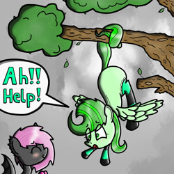 Size: 2000x2000 | Tagged: safe, oc, oc only, oc:snoopy, bat pony, pegasus, pony, blushing, cloudy, leaves, scared, speech bubble, stuck, tree, wings