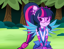 Size: 980x760 | Tagged: safe, artist:wubcakeva, sci-twi, twilight sparkle, equestria girls, legend of everfree, clothes, crystal guardian, crystal wings, cute, dress, female, glasses, ponied up, ponytail, scitwilicorn, solo, super ponied up, tree, twiabetes, visor, wings