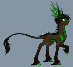 Size: 2329x2122 | Tagged: safe, artist:australian-senior, oc, oc only, oc:rick invictus, alicorn, kirin, pony, adventure core, alternate universe, antlers, colored hooves, colored sclera, crossover, gray background, green eyes, kirindos, leonine tail, portal, portal (valve), portal 2, scales, simple background, solo, unshorn fetlocks