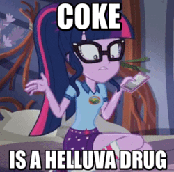 Size: 365x360 | Tagged: safe, edit, edited screencap, screencap, sci-twi, twilight sparkle, equestria girls, legend of everfree, legend of everfree - bloopers, :i, :o, adorkable, animated, blooper, cocaine is a hell of a drug, cute, dork, gif, glasses, image macro, meme, open mouth, sitting, smiling, solo, talking, tongue out, wide eyes