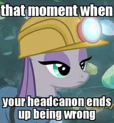 Size: 427x461 | Tagged: safe, edit, edited screencap, screencap, maud pie, pony, rock solid friendship, cropped, discovery family logo, hard hat, hat, helmet, image macro, meme, mining helmet, solo