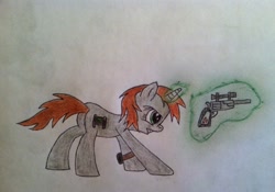 Size: 1850x1295 | Tagged: safe, artist:pizzamovies, oc, oc only, oc:littlepip, pony, unicorn, fallout equestria, battle tendency, fanfic, fanfic art, female, glowing horn, gun, handgun, horn, little macintosh, magic, mare, pipbuck, revolver, simple background, solo, telekinesis, traditional art, weapon, white background