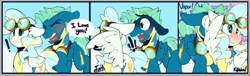 Size: 748x227 | Tagged: safe, artist:kribbles, sky stinger, vapor trail, pegasus, pony, blushing, clothes, comic, confession, cute, dialogue, embarrassed, exclamation point, eyes closed, female, floppy ears, goggles, heart, male, open mouth, shipping, straight, uniform, vaporsky, wavy mouth, wonderbolt trainee uniform