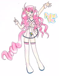 Size: 2141x2766 | Tagged: safe, artist:mosspluse, pinkie pie (g3), anthro, human, g3, clothes, eared humanization, humanized, solo, tailed humanization, traditional art