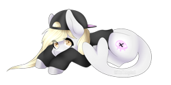 Size: 1024x513 | Tagged: safe, artist:itsizzybel, oc, oc only, original species, shark pony, backwards ballcap, baseball cap, cap, female, hat, mare, prone, simple background, solo, transparent background