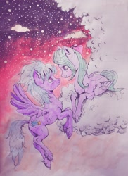 Size: 930x1280 | Tagged: safe, artist:femteetan, cloudchaser, flitter, pegasus, pony, cloud, cloudy, flying, prone, sisters, sky, stars, traditional art, twilight (astronomy), unshorn fetlocks