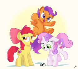 Size: 5400x4800 | Tagged: safe, artist:docwario, apple bloom, scootaloo, sweetie belle, spider, absurd resolution, bow, cute, cutie mark crusaders, flying, hair bow, looking at you, smiling, surprised, trio