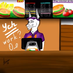 Size: 2160x2160 | Tagged: safe, artist:stirren, oc, oc only, anthro, cashier, commission, mcdonald's, salespony, smiling, solo, standing, your character here