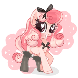 Size: 2449x2449 | Tagged: safe, artist:peachesandcreamated, oc, oc only, oc:powder puff, earth pony, pony, bow, clothes, female, hair bow, heart eyes, mare, neck bow, simple background, socks, solo, watermark, white background, wingding eyes