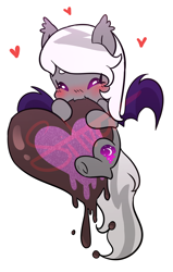 Size: 2800x4400 | Tagged: safe, artist:silverknight27, part of a series, part of a set, oc, oc only, bat pony, pony, absurd resolution, blushing, chibi, chocolate heart, female, heart, mare, nom, simple background, solo, transparent background