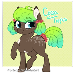 Size: 657x645 | Tagged: safe, artist:frostedpuffs, oc, oc only, oc:cocoa tropics, earth pony, pony, female, mare, raised hoof, reference sheet, simple background, solo