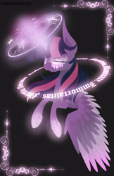 Size: 1836x2829 | Tagged: safe, artist:lol-katrina, twilight sparkle, twilight sparkle (alicorn), alicorn, pony, black background, blackletter, eyes closed, female, glowing horn, magic, magic circle, mare, runes, simple background, solo