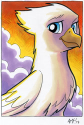 Size: 1007x1500 | Tagged: safe, artist:tonyfleecs, oc, oc only, oc:der, griffon, cloud, solo, sunset