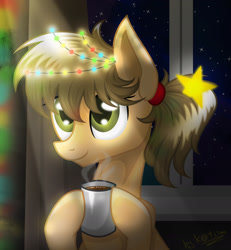 Size: 1774x1921 | Tagged: safe, artist:lol-katrina, oc, oc only, earth pony, pony, christmas, christmas lights, coffee mug, female, holiday, hoof hold, mare, mug, smiling, solo