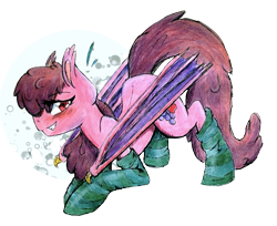 Size: 883x720 | Tagged: safe, artist:pepperscratch, berry punch, berryshine, bat pony, pony, bat ponified, clothes, moon, race swap, socks, solo, striped socks, traditional art