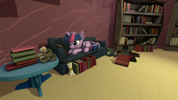 Size: 2560x1440 | Tagged: safe, artist:asylum529, twilight sparkle, twilight sparkle (alicorn), alicorn, pony, 3d, book, cute, prone, reading, scroll, smiling, sofa, solo, source filmmaker