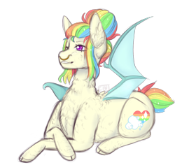 Size: 1000x945 | Tagged: safe, artist:cinnamonsparx, oc, oc only, oc:shimmering skies, bat pony, pony, female, fluffy, mare, multicolored hair, prone, rainbow hair, simple background, solo, transparent background