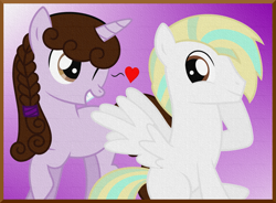 Size: 1539x1132 | Tagged: safe, artist:meandmyideas, oc, oc only, oc:firefly-frost, oc:kindheart, pegasus, pony, unicorn, blinking, couple, female, heart, male, oc x oc, shipping, simple background, straight, vector