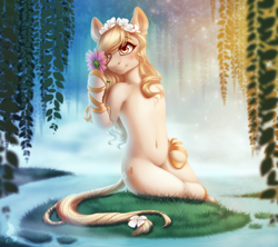Size: 1000x886 | Tagged: safe, artist:silentwulv, oc, oc only, oc:fawn, earth pony, pony, semi-anthro, beautiful, belly button, female, flower, flower in hair, grass, mare, smiling, solo, tree, water