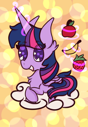 Size: 2228x3207 | Tagged: safe, artist:hedgehog-plant, twilight sparkle, twilight sparkle (alicorn), alicorn, pony, abstract background, apple, banana, cloud, female, food, fruit, magic, mare, solo, strawberry, telekinesis