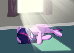 Size: 2200x1600 | Tagged: dead source, safe, artist:styroponyworks, twilight sparkle, twilight sparkle (alicorn), alicorn, pony, behaving like a cat, crepuscular rays, female, lying down, mare, on side, solo, sunlight, window