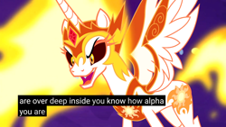 Size: 2560x1440 | Tagged: safe, edit, edited screencap, screencap, daybreaker, pony, a royal problem, alpha, meme, solo, totally legit recap, youtube, youtube caption