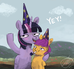 Size: 1035x973 | Tagged: safe, artist:toisanemoif, scootaloo, twilight sparkle, twilight sparkle (alicorn), alicorn, pony, birthday, hat, party hat