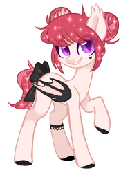 Size: 1894x2523 | Tagged: safe, artist:hawthornss, oc, oc only, oc:blood garter, bat pony, pony, bow, cute little fangs, ear fluff, fangs, female, looking at you, mare, simple background, smiling, sparkly mane, tail bow, transparent background