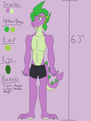 Size: 2448x3264 | Tagged: safe, artist:moonaknight13, spike, dragon, adult spike, ask-spike-the-demon, bare chest, briefs, clothes, older, partial nudity, reference sheet, solo, text, topless, tumblr blog, underwear