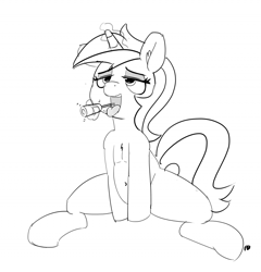 Size: 1280x1331 | Tagged: safe, artist:pabbley, minuette, pony, 30 minute art challenge, glowing horn, monochrome, sitting, solo, tongue out, toothbrush