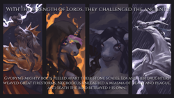 Size: 3840x2160 | Tagged: safe, artist:fpbarros, alicorn, bat pony, dragon, pony, comic:in the beginning, crossover, dark souls, gravelord nito, gwyn, lightning, seath the scaleless, witch of izalith