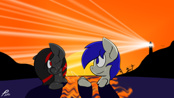 Size: 2560x1440 | Tagged: safe, artist:platenjack, oc, oc only, oc:big mean pumpkin king, oc:platen, pegasus, pony, lighthouse, ocean, sunset, swim