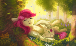 Size: 2983x1830 | Tagged: safe, artist:spirit-alu, roseluck, butterfly, earth pony, pony, book, eyes closed, flower, fluffy, forest, on side, rose, solo, tree