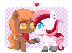 Size: 800x593 | Tagged: safe, artist:exceru-karina, oc, oc only, oc:ramshackle, oc:rouge swirl, duo, feather, heart