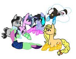 Size: 1952x1520 | Tagged: safe, artist:midnightamber, oc, oc only, oc:drizzle cloud, oc:flora boldbash, oc:maggie pie, oc:moonshine twinkle, oc:orangejack, oc:tammy spears, alicorn, earth pony, pegasus, pony, unicorn, alicorn oc, artificial wings, augmented, clothes, cloud, ear piercing, earring, eyeshadow, female, glasses, group, jewelry, magic, magic wings, makeup, mare, piercing, plaid shirt, scarf, sleepover, socks, striped socks, tattoo, wings