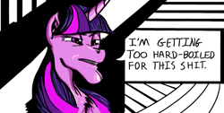 Size: 1349x680 | Tagged: safe, artist:testostepone, twilight sparkle, a story of an old mare's journey to find herself before the mob closes in, panel, solo, tiredlight sighkle, vulgar