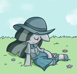 Size: 1624x1573 | Tagged: safe, artist:typhwosion, marble pie, anthro, unguligrade anthro, clothes, grass, hat, solo