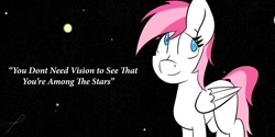 Size: 1264x632 | Tagged: safe, artist:platenjack, oc, oc only, oc:zavod, pegasus, pony, blind, inspirational, quote, solo, space