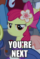 Size: 400x585 | Tagged: safe, edit, edited screencap, screencap, apple bloom, make new friends but keep discord, apple bloom is not amused, female, filly, goldberg, image macro, implied threat, meme, solo, wwe