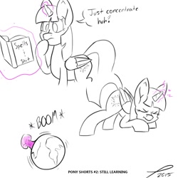 Size: 894x894 | Tagged: safe, artist:platenjack, twilight sparkle, twilight sparkle (alicorn), alicorn, pony, book, comic, explosion, face down ass up, female, magic, mare, series, solo