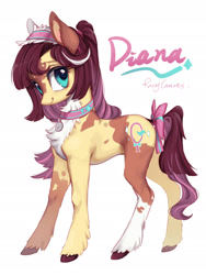 Size: 1441x1920 | Tagged: safe, artist:rocy canvas, oc, oc only, oc:diana, earth pony, pony, bow, chest fluff, choker, collar, female, looking at you, mare, simple background, solo, tail bow, unshorn fetlocks, white background