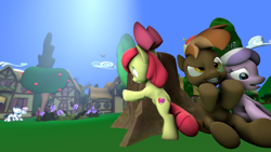 Size: 3840x2160 | Tagged: safe, apple bloom, button mash, diamond tiara, rumble, sweetie belle, fanfic:sweet affection, 3d, cutie mark, fanfic, fanfic art, male, rumbelle, shipping, source filmmaker, straight, the cmc's cutie marks