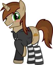 Size: 3296x3997 | Tagged: artist needed, safe, oc, oc only, oc:caramel sweet, blushing, clothes, cute, grin, hoodie, looking at you, raised hoof, simple background, smiling, socks, solo, squee, striped socks, transparent background, vector