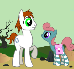 Size: 687x642 | Tagged: safe, artist:vorian caverns, oc, oc only, oc:able, oc:vorian caverns, earth pony, pegasus, pony, fallout equestria, brown hair, curly hair, cute, cutie mark, dead tree, dirt path, eye contact, female, green eyes, leaning forward, looking at each other, looking down, looking up, male, mare, pink hair, purple eyes, raised hoof, rock, saddle bag, short, short hair, simple background, smiling, stallion, striped legs, tree, unsure, wavy mouth, wide eyes, young