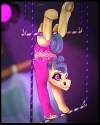 Size: 1376x1720 | Tagged: safe, artist:charlotte-pony, trapeze star, pony, backbend, clothes, hoers, leotard, one eye closed, solo, trapeze