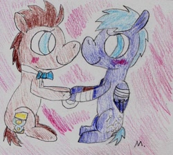 Size: 1362x1227 | Tagged: safe, artist:ptitemouette, doctor whooves, star hunter, pony, bandage, gay, male, shipping, stallion, stardoc, traditional art