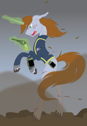 Size: 1498x2160 | Tagged: safe, artist:copperirisart, oc, oc only, oc:littlepip, pony, unicorn, fallout equestria, bipedal, blood, bullet, clothes, fanfic, fanfic art, female, glowing horn, gun, handgun, little macintosh, magic, mare, pipbuck, revolver, solo, telekinesis, torn clothes, vault suit, wasteland, weapon